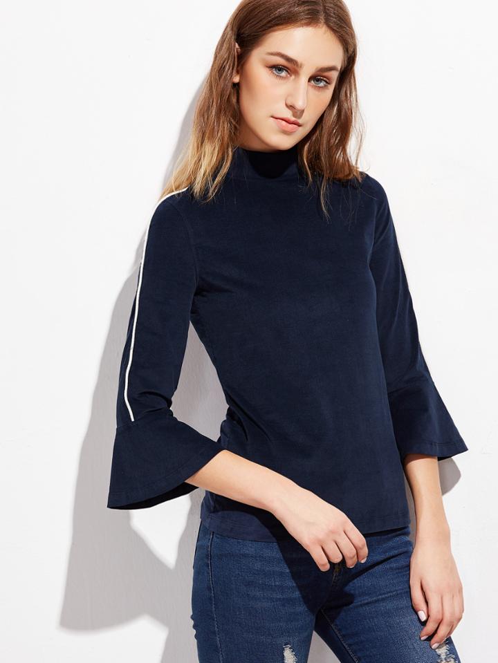 Shein Navy High Neck Contrast Piping Bell Cuff Top