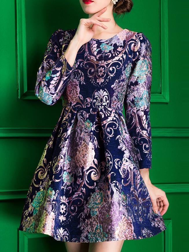 Shein Navy Round Neck Jacquard A-line Dress