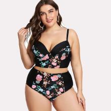 Shein Plus Flower Print Longline Bikini Set