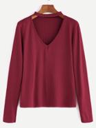 Shein Burgundy Cut Out Choker Neck Ribbed T-shirt