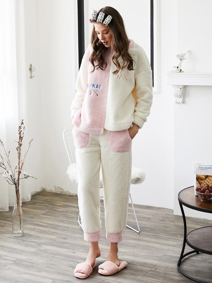 Shein Two Tone Embroidered Faux Fleece Long Pj Set