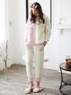 Shein Two Tone Embroidered Faux Fleece Long Pj Set
