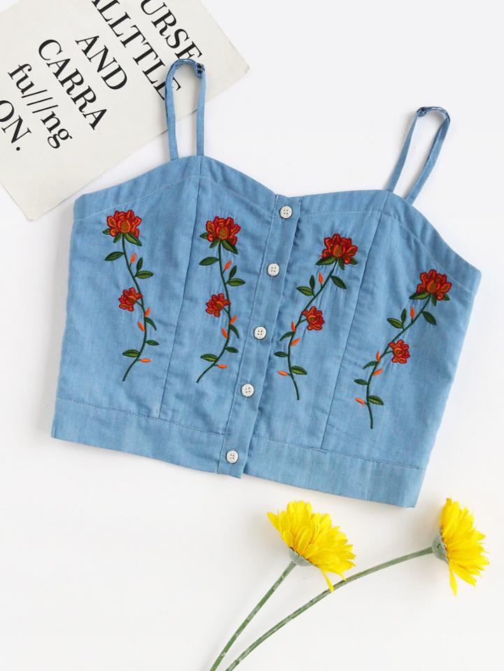 Shein Flower Embroidered Denim Cami Top