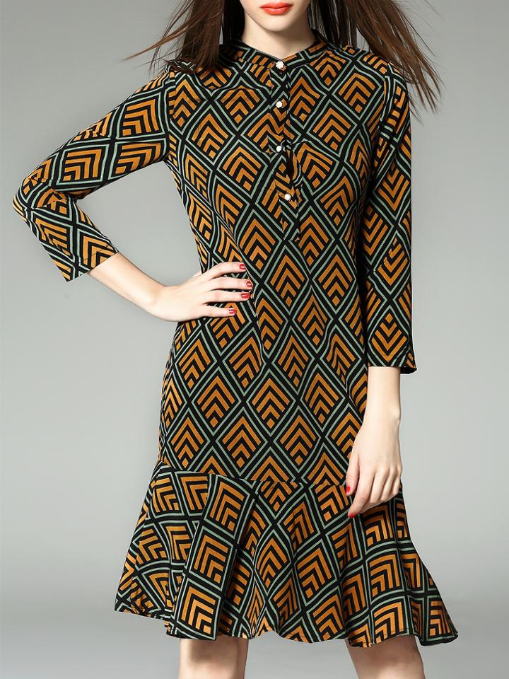 Shein Green Color Block Chevron Drop Waist Dress