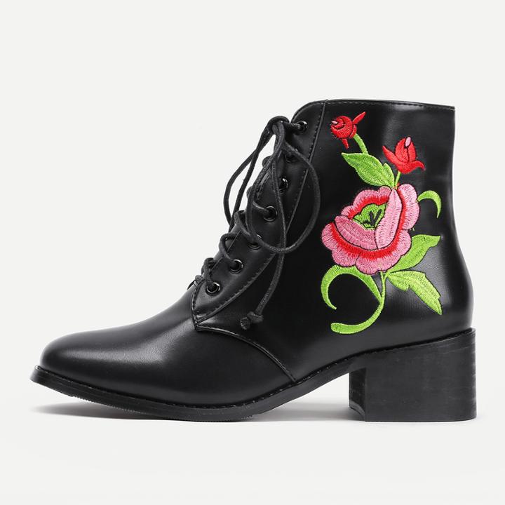 Shein Flower Embroidery Lace Up Faux Leather Boots