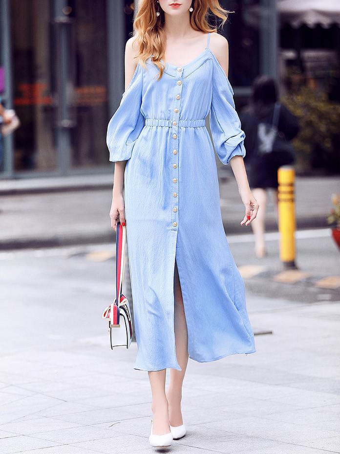 Shein Spaghetti Strap Elastic-waist Split Dress