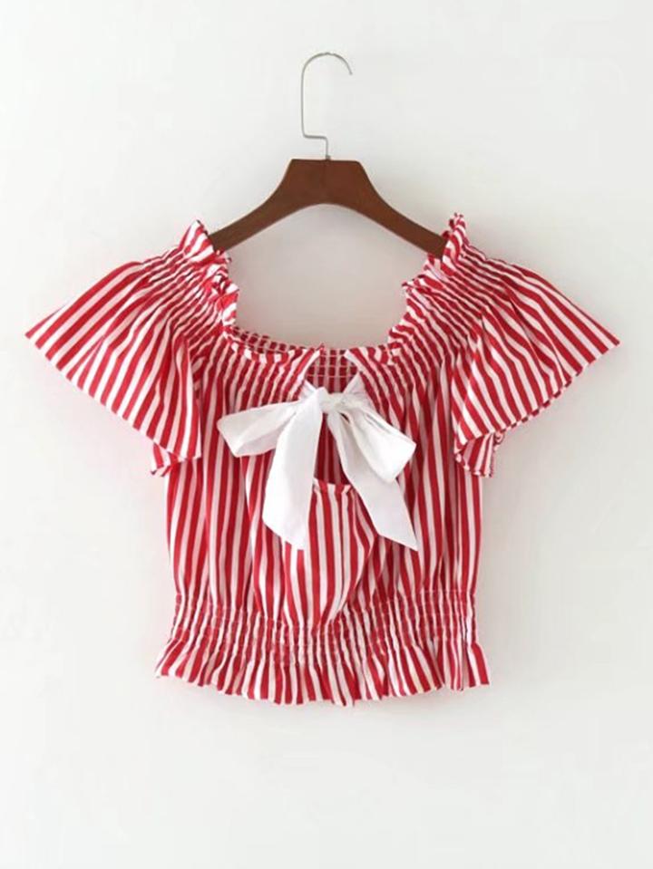 Shein Vertical Striped Bow Tie Back Crop Top