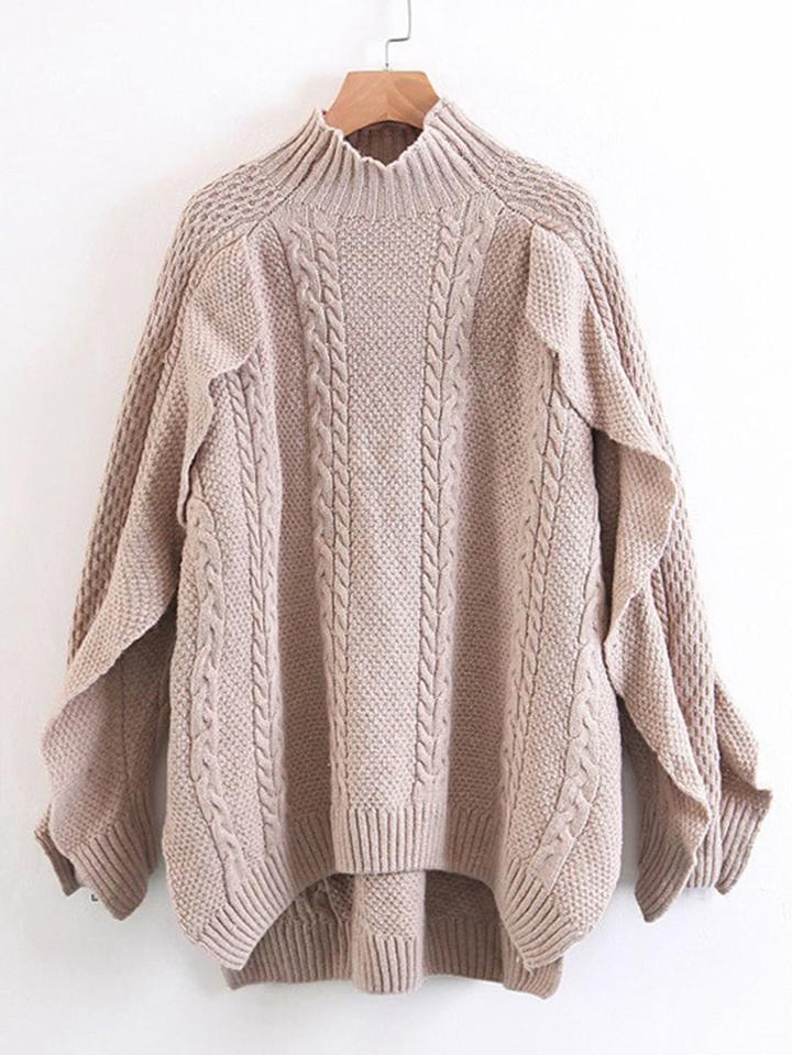Shein Ruffle Detail Cable Knit High Low Sweater