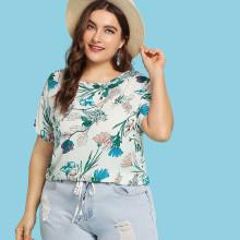 Shein Plus Botanical Print Tie Hem Top