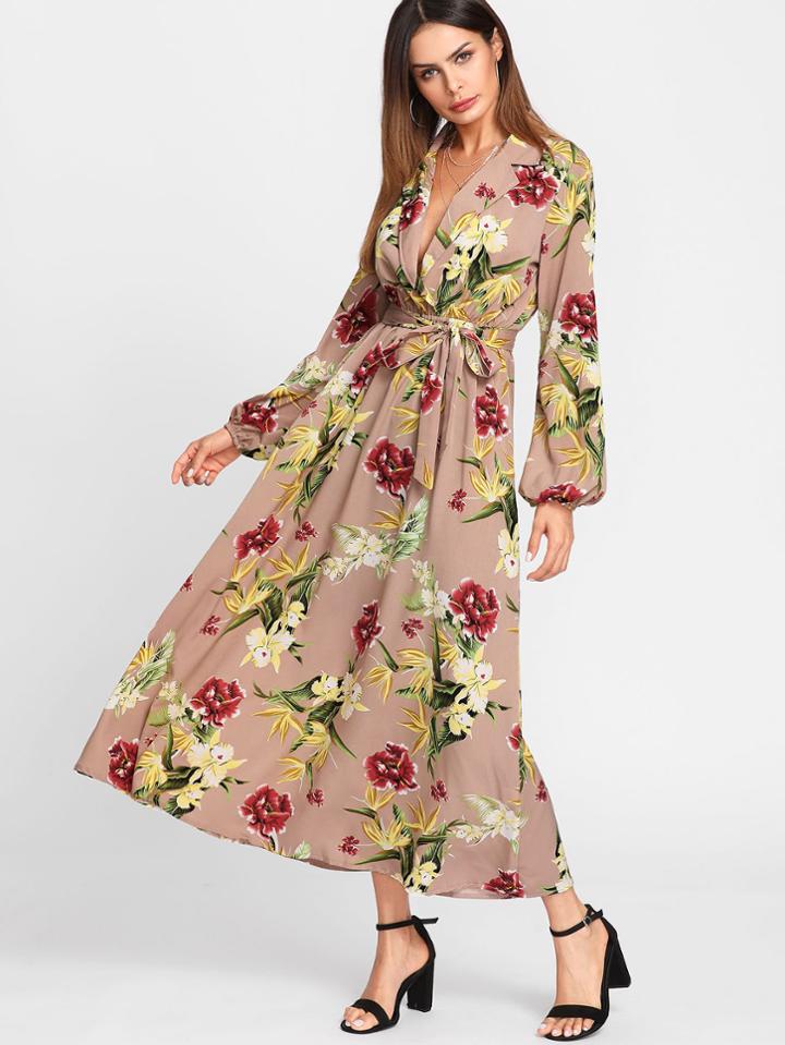 Shein Lantern Sleeve Surplice Wrap Floral Dress