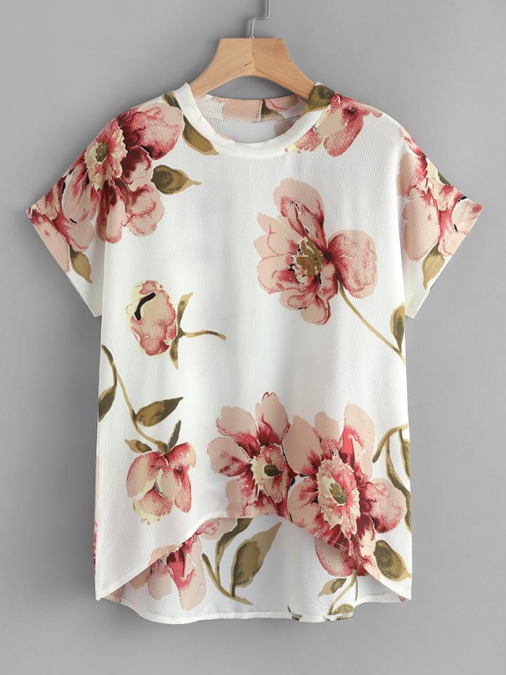 Shein Random Florals Dip Hem Chiffon Top