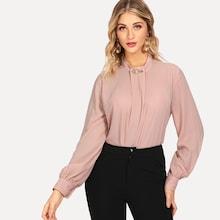 Shein Mock Neck Pearl Detail Keyhole Back Blouse