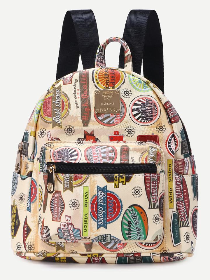 Shein Beige Pu Stamps Print Front Zipper Backpack