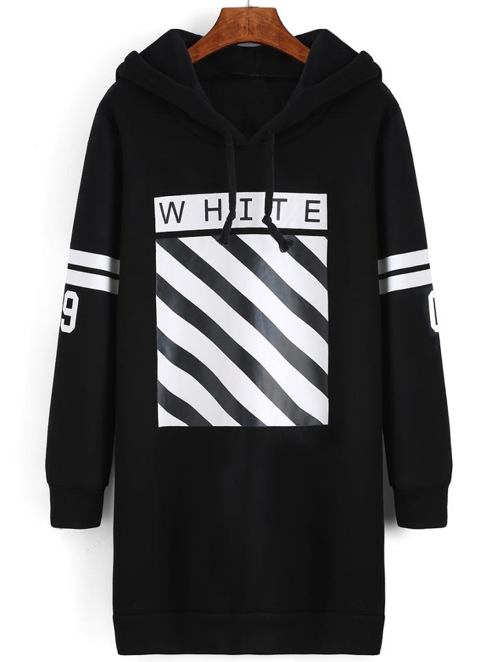 Shein Black Hooded Striped Loose Sweatshirt