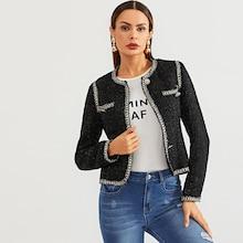 Shein Contrast Trim Pocket Front Tweed Coat