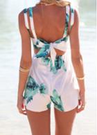 Rosewe Sleeveless Plunging Neckline Cutout Back Printed Romper