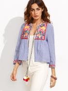 Shein Blue Striped Embroidered Tape Detail Short Outerwear