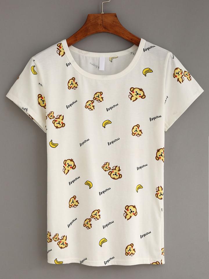 Shein Monkey Print White T-shirt