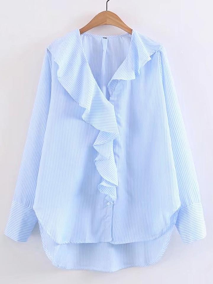 Shein Ruffle Trim Pinstripe High Low Blouse