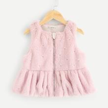 Shein Girls Pearl Beading Sleeveless Teddy Jacket
