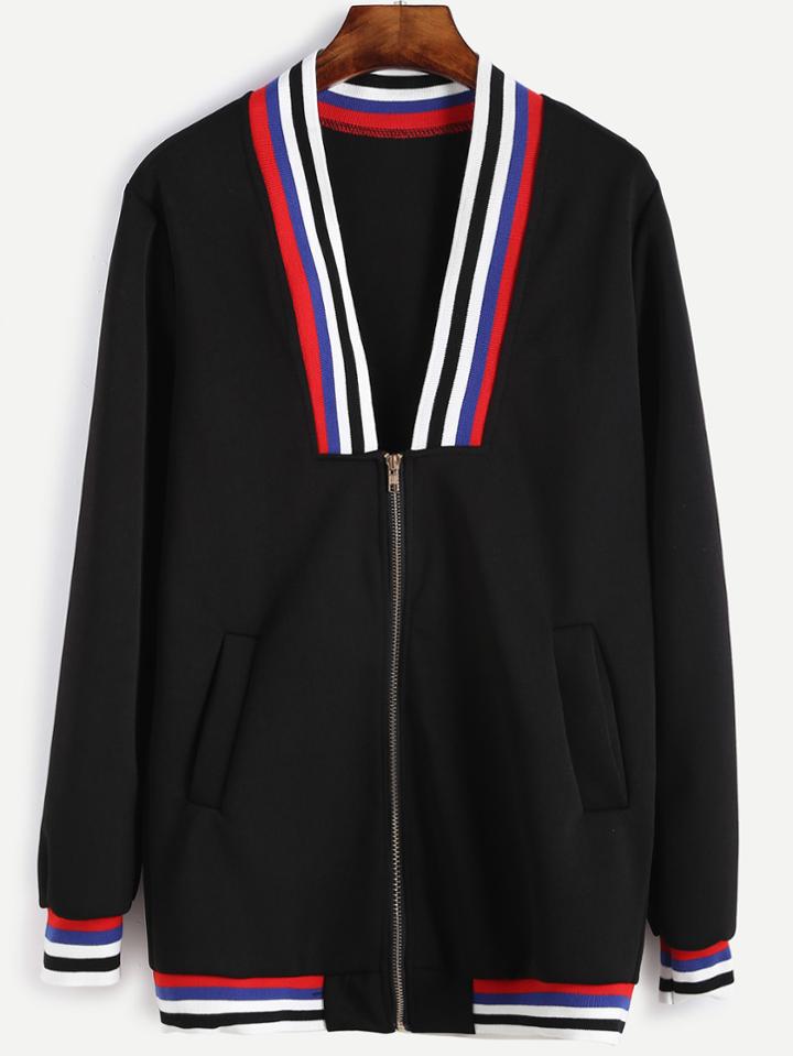 Shein Contrast Striped Trim Baseball Jacket