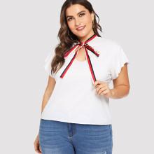 Shein Plus Striped Tape Tie Neck Tee