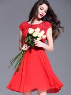 Shein Red Round Neck Cap Sleeve Sequined Lace Dress