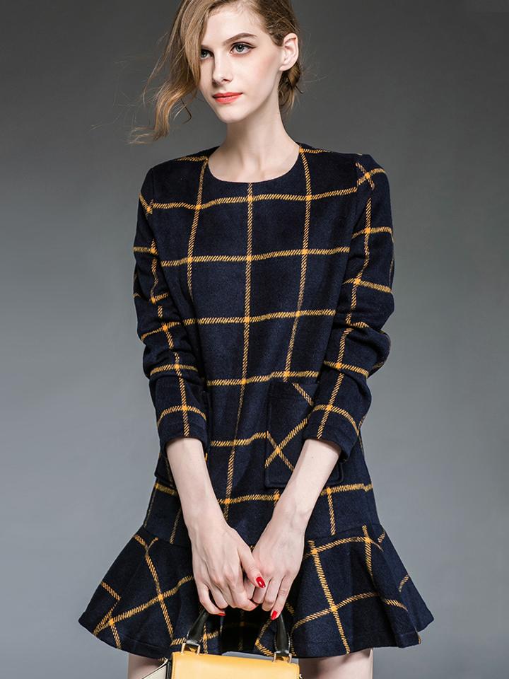 Shein Navy Round Neck Long Sleeve Check Pockets Fishtail Dress