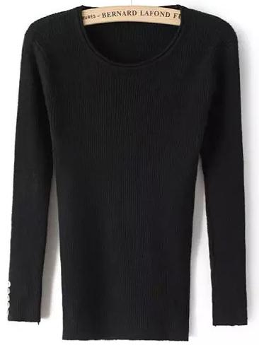Shein Black Round Neck Buttons Slim Knitwear