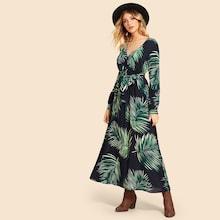 Shein Leaves Print V Neck Dress