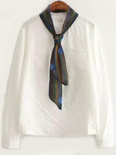 Shein White Long Sleeve Pockets Blouse With Scarve