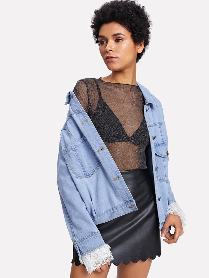 Shein Lace Contrast Sleeve Letter Embroidered Denim Jacket