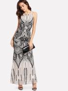 Shein Backless Sequin Contrast Mesh Dress