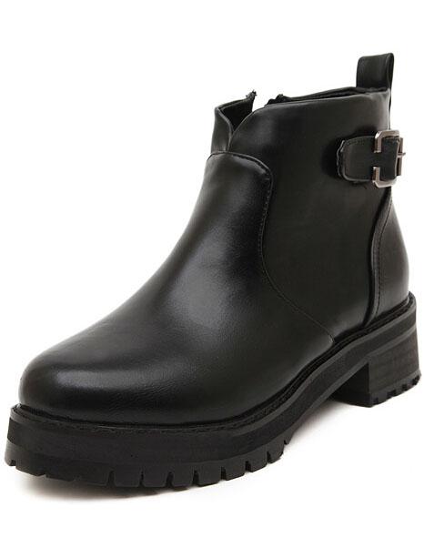 Shein Black Round Toe Buckle Strap Mid Heeled Boots