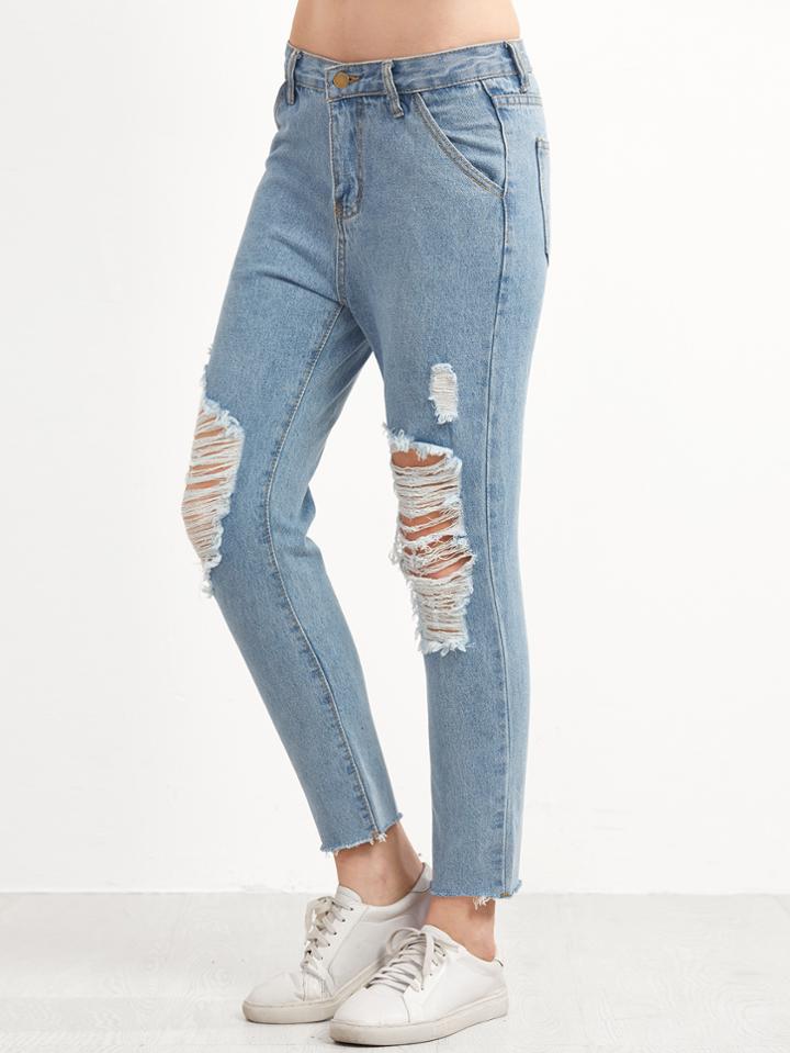 Shein Blue Ripped Raw Hem Ankle Jeans