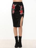 Shein Embroidered Rose Applique Split Front Velvet Skirt