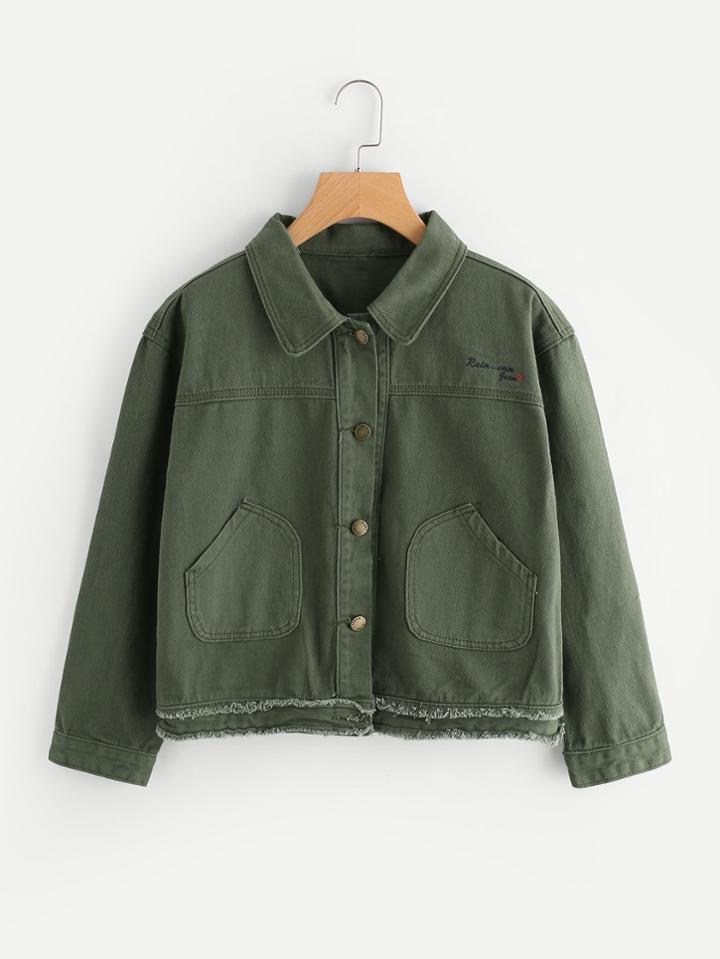 Shein Double Frayed Hem Embroidered Jacket