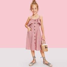 Shein Girls Ruffle Trim Button Up Striped Dress