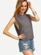 Shein Grey Letter Print Drop Armhole Hooded T-shirt