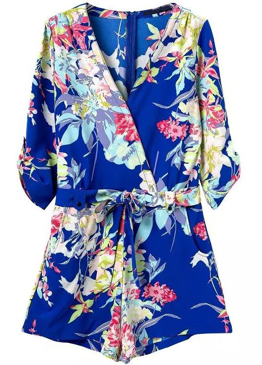 Shein Blue V Neck Floral Tie-waist Jumpsuit