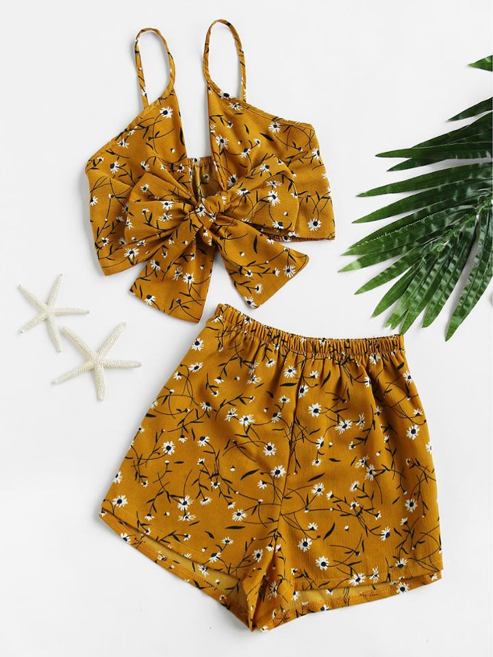 Shein Florals Bow Tie Open Front Crop Cami Top With Shorts
