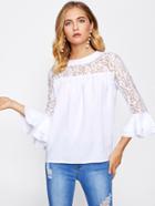 Shein Floral Lace Panel Tiered Flute Sleeve Top