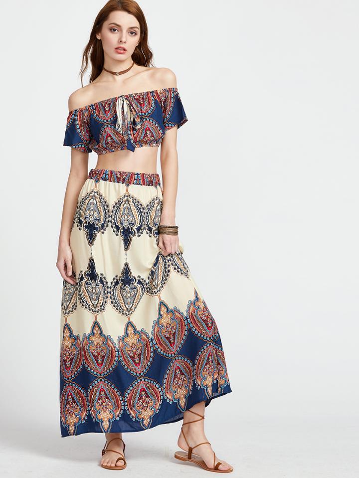 Shein Vintage Print Off The Shoulder Crop Top With Skirt