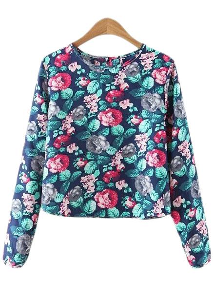 Shein Dark Blue Long Sleeve Floral Print Blouse