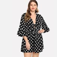 Shein Plus Knot Front Bell Sleeve Polka Dot Romper
