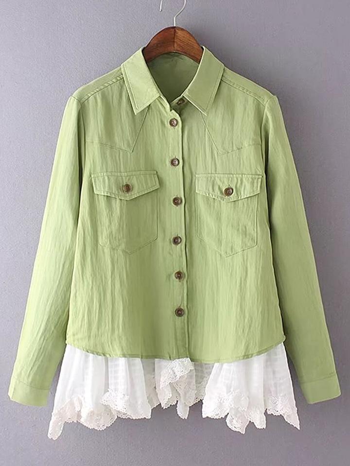 Shein Contrast Layered Lace Hem Flap Pocket Blouse