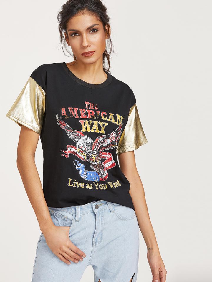 Shein Black Contrast Sleeve Printed T-shirt