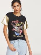 Shein Black Contrast Sleeve Printed T-shirt
