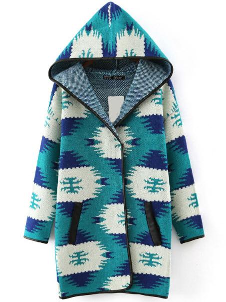 Shein Navy Hooded Contrast Trims Pockets Sweater Coat
