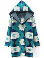 Shein Navy Hooded Contrast Trims Pockets Sweater Coat